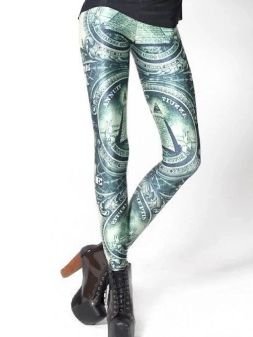 Blackmilk Old School The Dollar Green Illuminati Themed Leggings Size Large - Picture 2 of 13